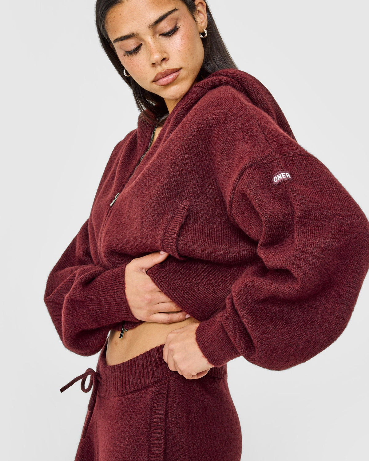 Oversized Knit Zip Up Mid Hoodie | Rosewood