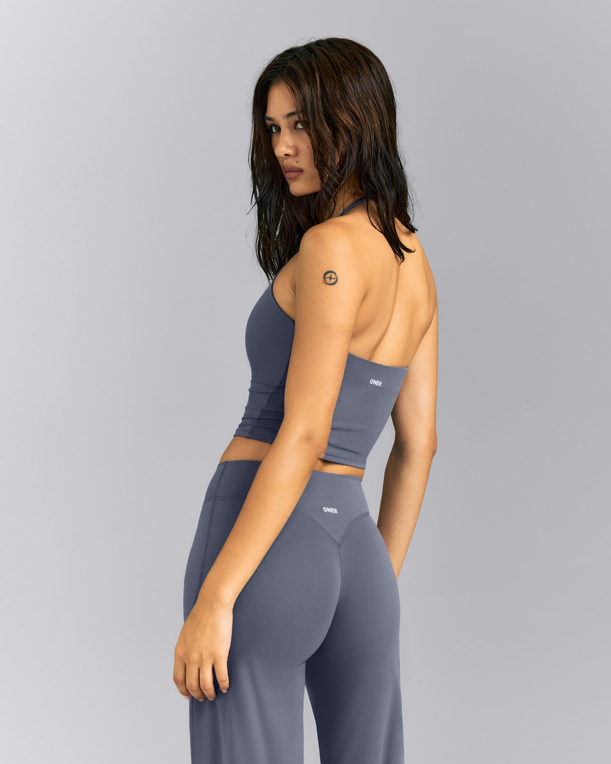SoftMotion™ Strappy Halter Neck Mid Tank Top with Built in Bra Shelf | Granite Blue