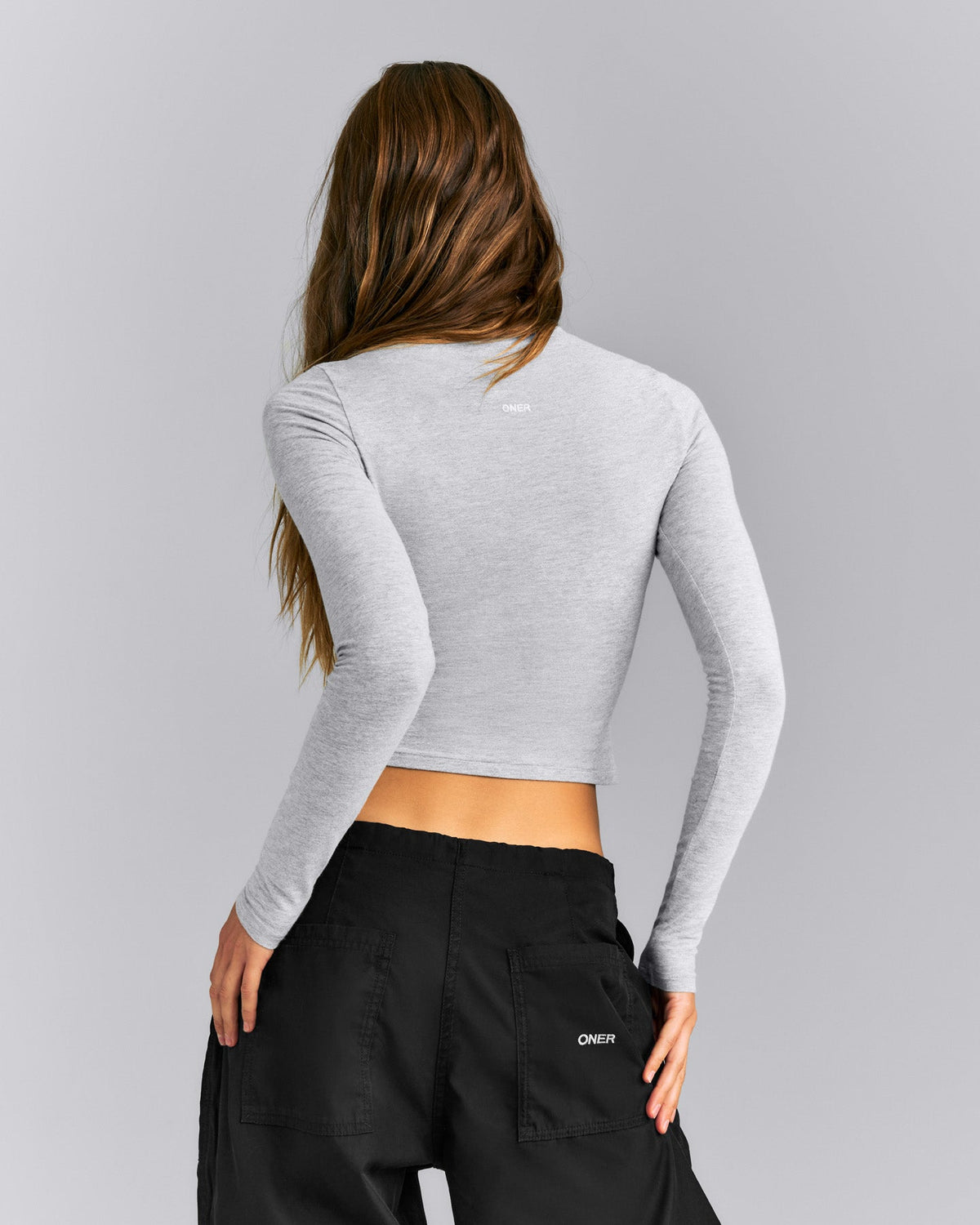 Fitted Cotton Long Sleeve Crew Neck Top | Mid Gray Marl