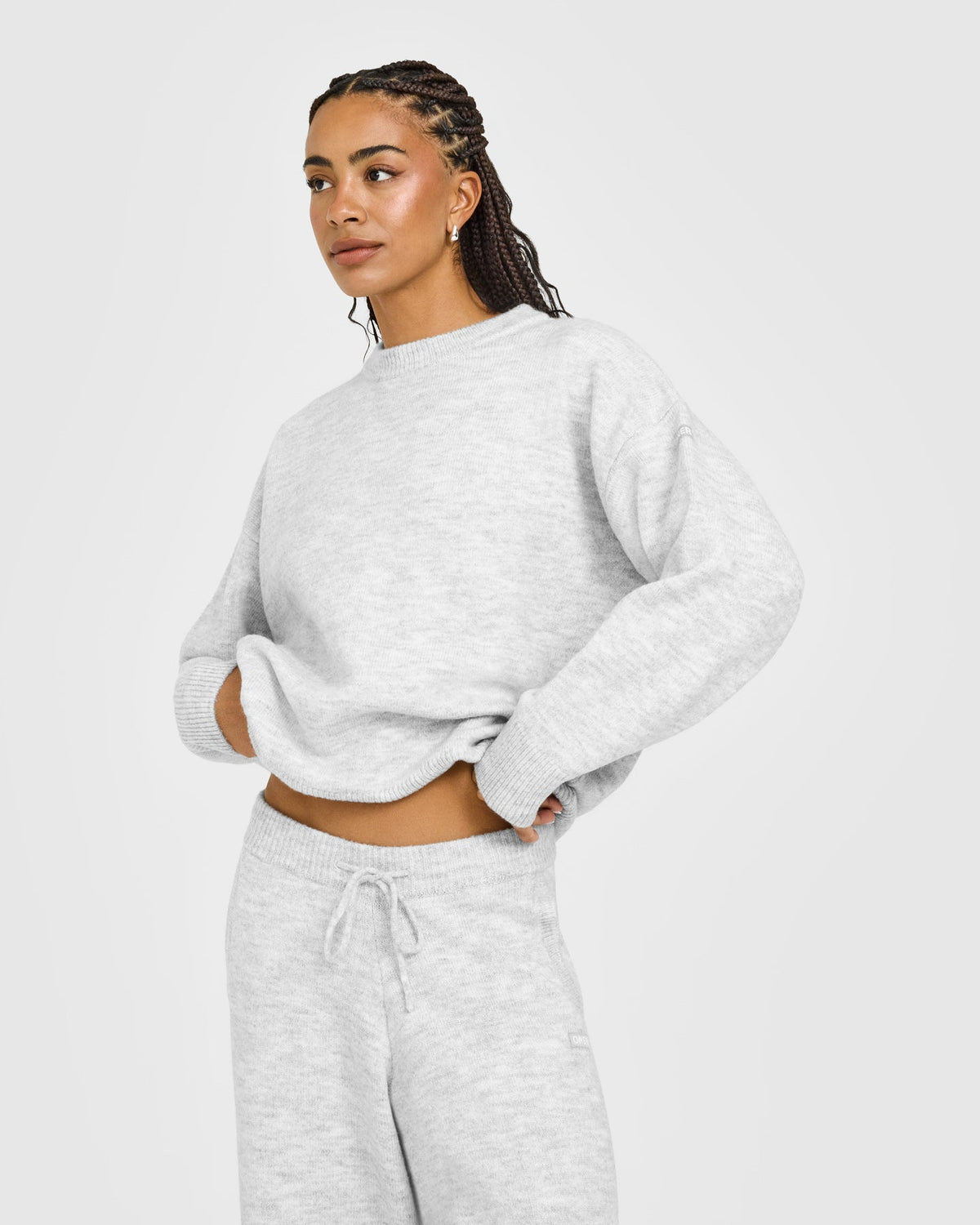 Oversized Knit Crew Neck Sweatshirt | Light Gray Marl