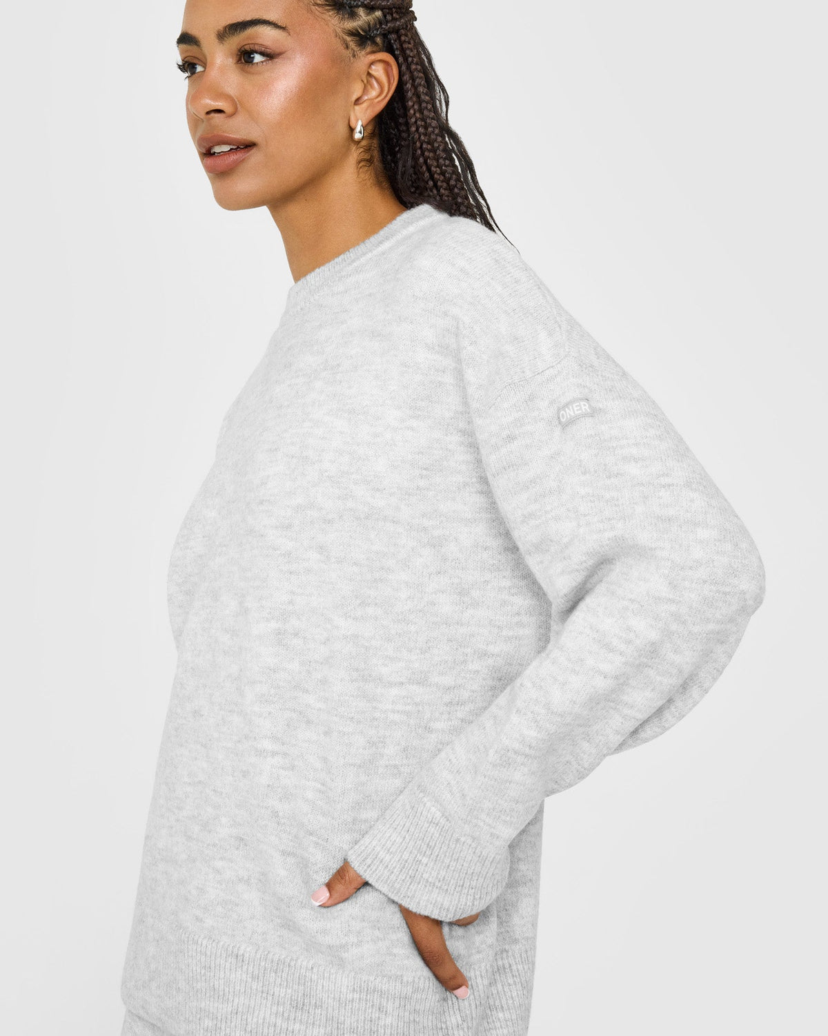 Oversized Knit Crew Neck Sweatshirt | Light Gray Marl