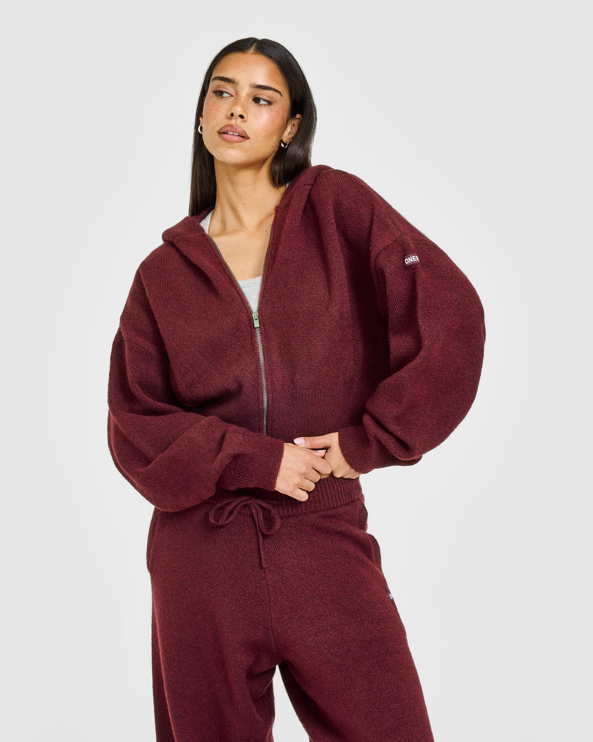 Oversized Knit Zip Up Mid Hoodie | Rosewood
