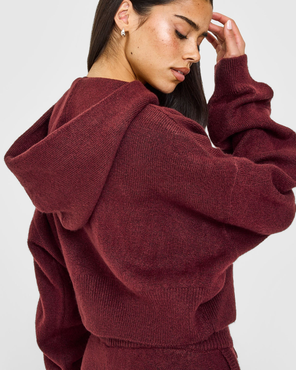 Oversized Knit Zip Up Mid Hoodie | Rosewood