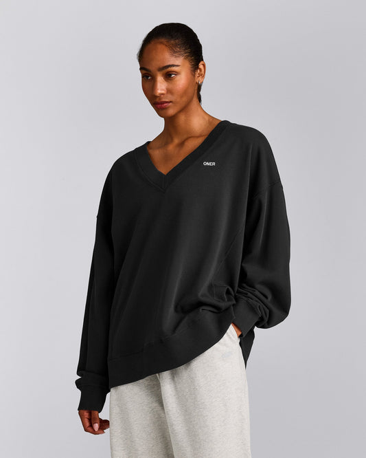 Cotton Vintage Lounge V Neck Sweatshirt | Washed Black