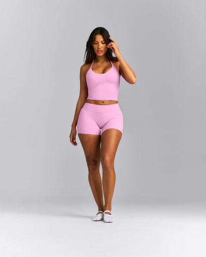 SoftMotion™ Strappy Halter Neck Mid Tank Top with Built in Bra Shelf | Rose Pink