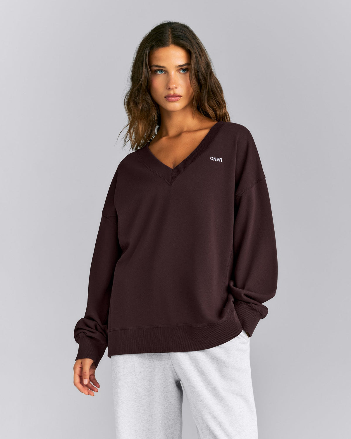 Cotton Vintage Lounge V Neck Sweatshirt | Washed Plum Brown
