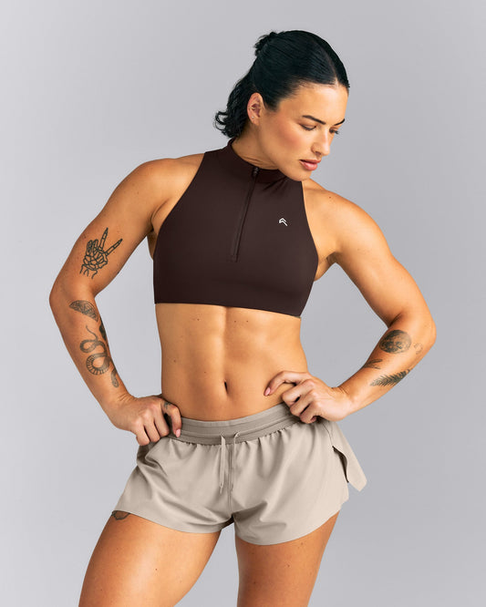 EasyLift™ Zip High Neck Sports Bra | Dark 70% Cocoa