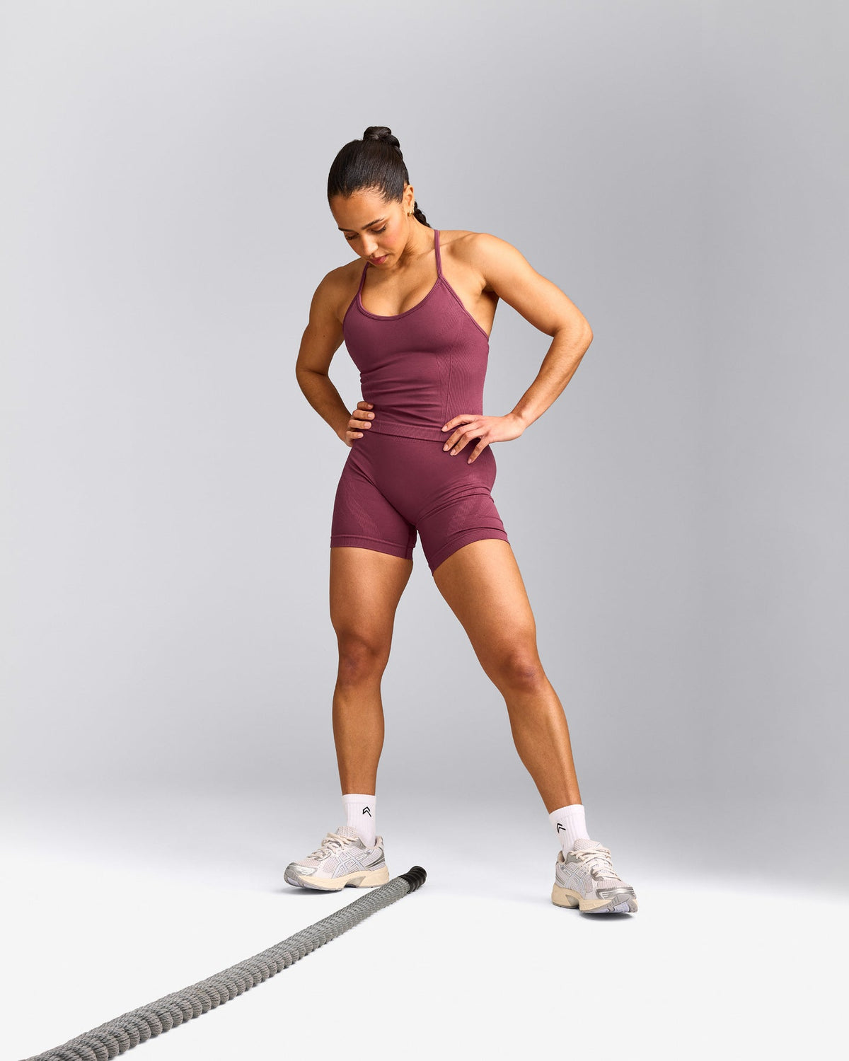 EnhanceLift™ Seamless Strappy Racer Tank Top with Built in Bra Shelf | Burnt Maroon Red