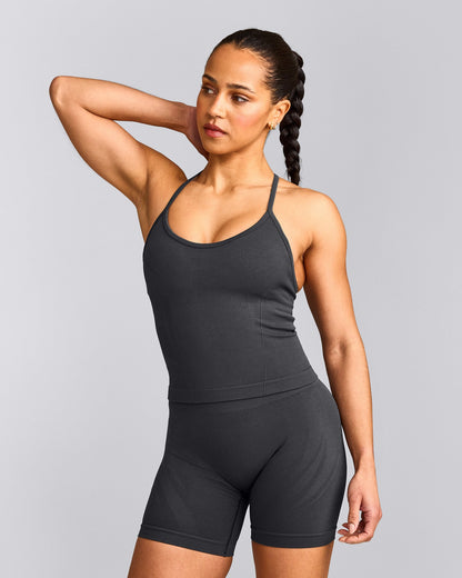 EnhanceLift™ Seamless Strappy Racer Tank Top with Built in Bra Shelf | Coal