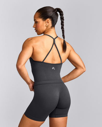 EnhanceLift™ Seamless Strappy Racer Tank Top with Built in Bra Shelf | Coal