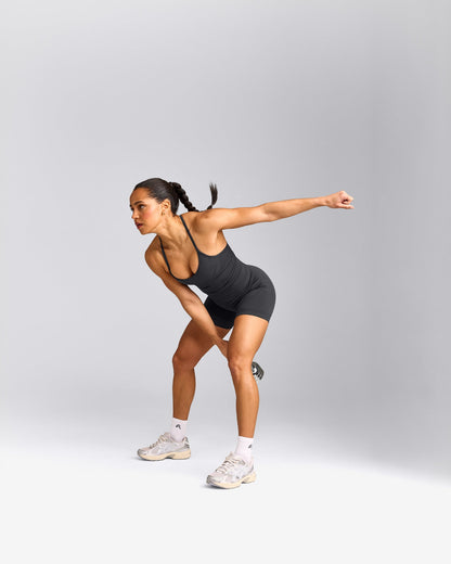 EnhanceLift™ Seamless Strappy Racer Tank Top with Built in Bra Shelf | Coal