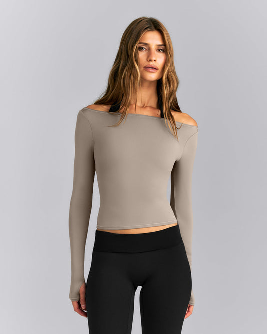FormeSoft™ Fitted Off-The-Shoulder Long Sleeve Top | Washed Minky
