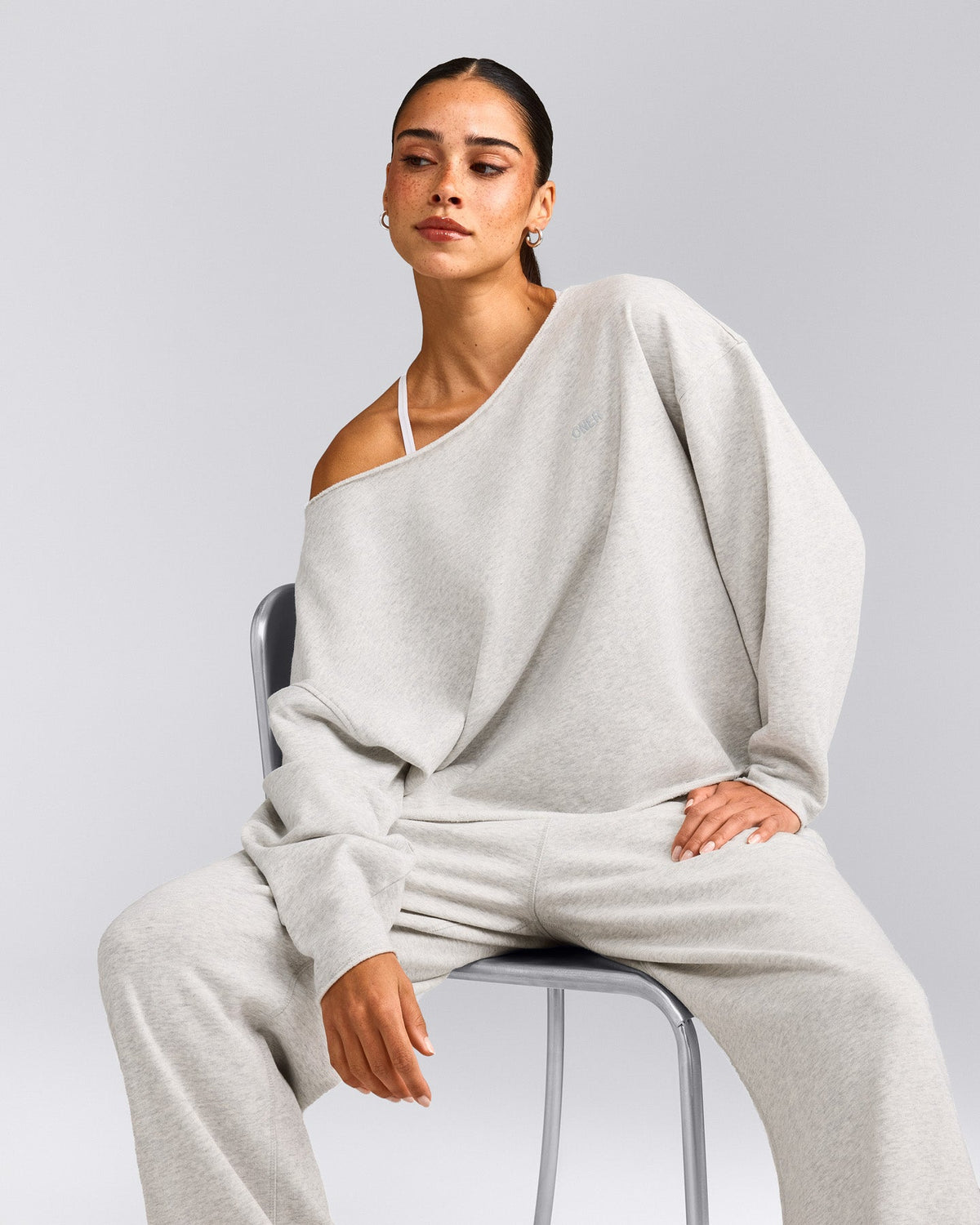 Cotton Vintage Lounge Off-The-Shoulder Sweatshirt | Light Gray Marl