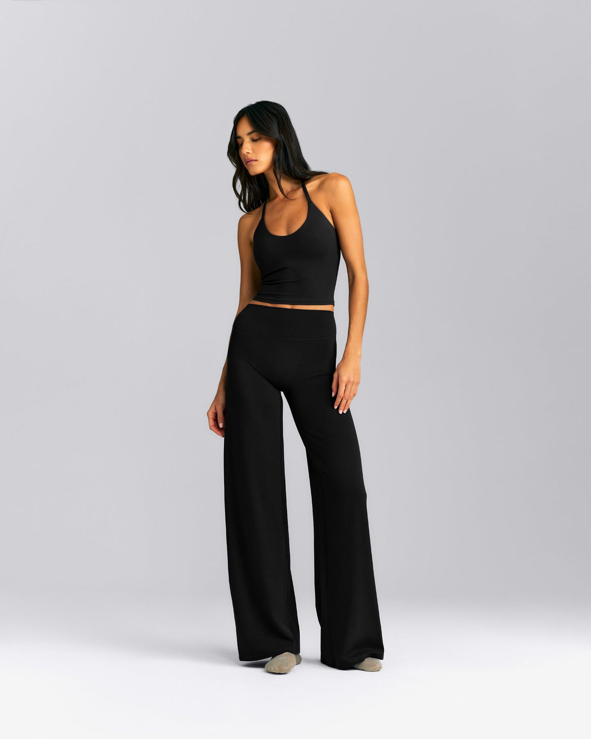 SoftMotion™ Strappy Halter Neck Mid Tank Top with Built in Bra Shelf | Black
