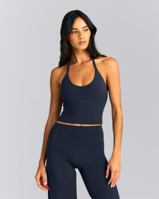 SoftMotion™ Strappy Halter Neck Mid Tank Top with Built in Bra Shelf | True Blue