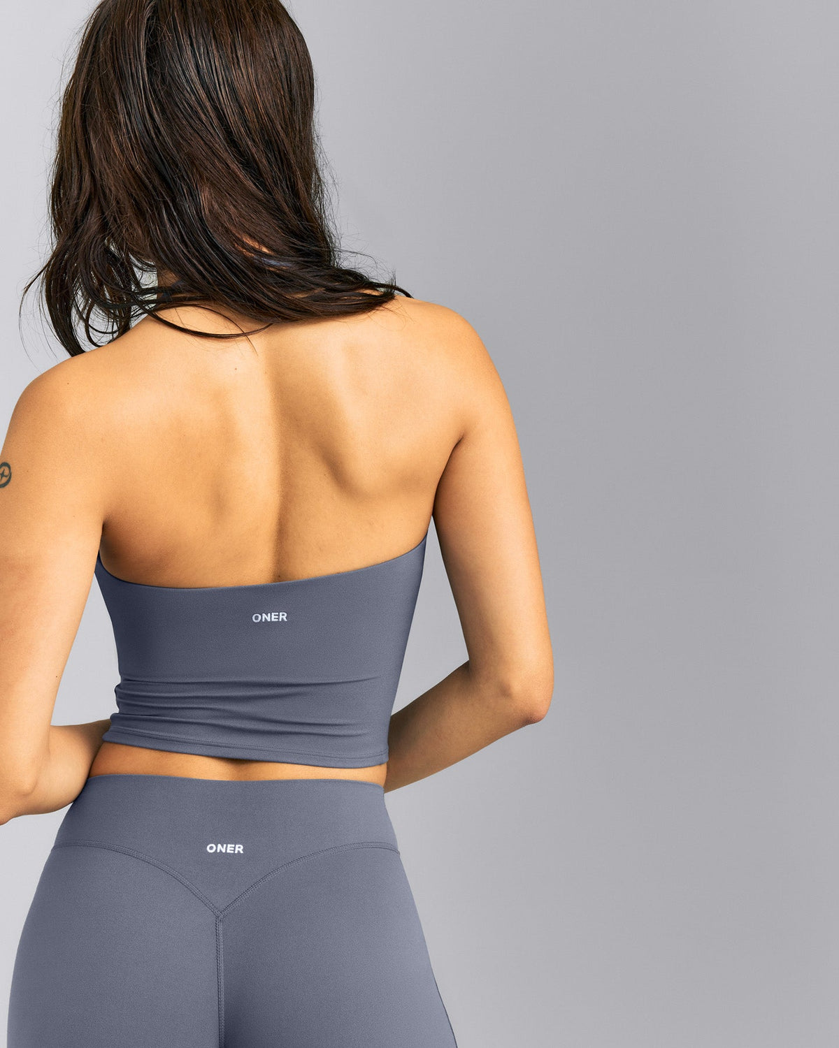 SoftMotion™ Strappy Halter Neck Mid Tank Top with Built in Bra Shelf | Granite Blue