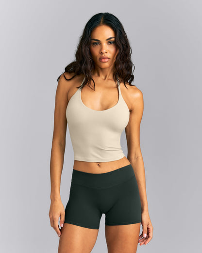 SoftMotion™ Strappy Halter Neck Mid Tank Top with Built in Bra Shelf | Oatmeal