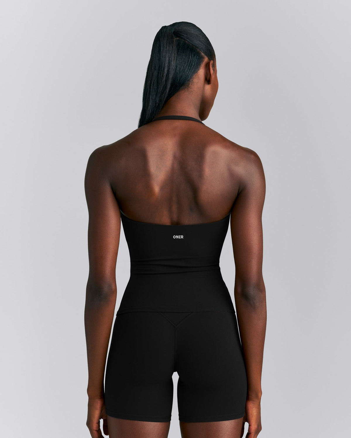 SoftMotion™ Strappy Halter Neck Tank Top with Built in Bra Shelf | Black
