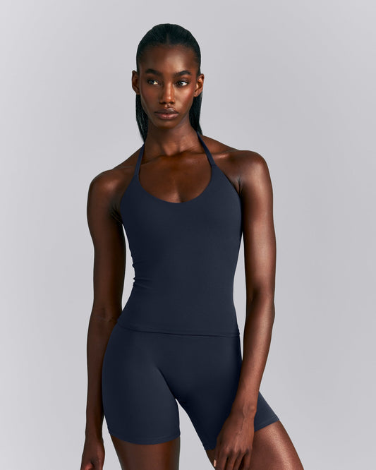 SoftMotion™ Strappy Halter Neck Tank Top with Built in Bra Shelf | True Blue