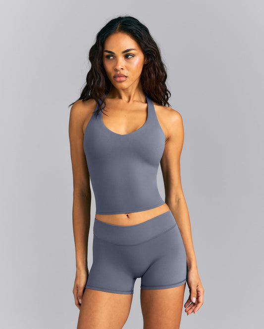 SoftMotion™ Racer Back Mid Tank Top with Built in Bra Shelf | Granite Blue