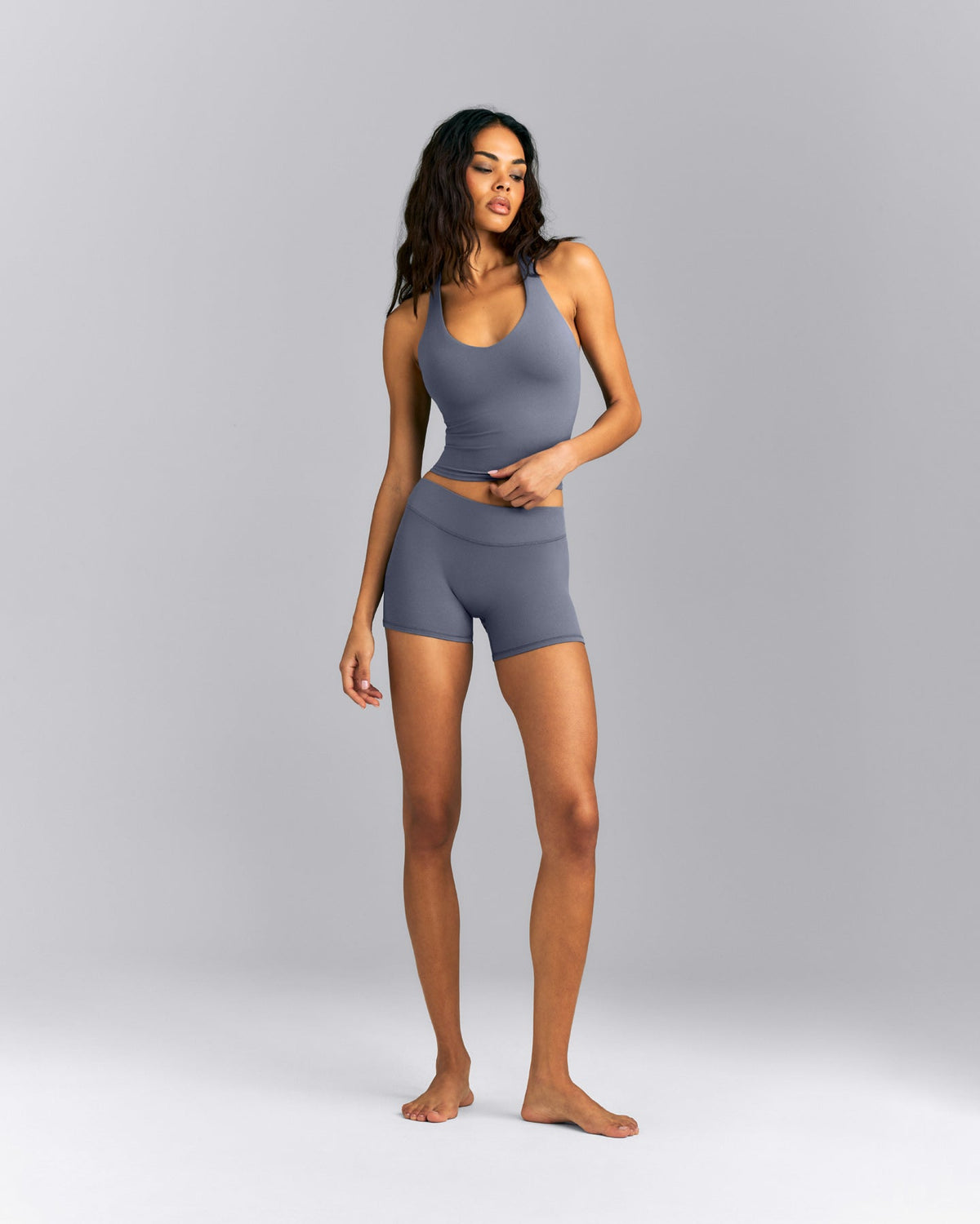 SoftMotion™ Racer Back Mid Tank Top with Built in Bra Shelf | Granite Blue