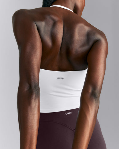 SoftMotion™ Strappy Halter Neck Mid Tank Top with Built in Bra Shelf | White