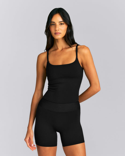 SoftMotion™ Strappy Mid Tank Top with Built in Bra Shelf | Black