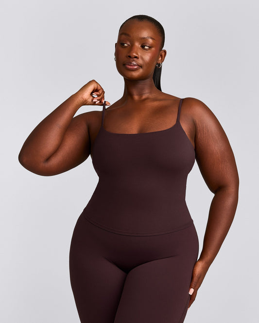 SoftMotion™ Strappy Mid Tank Top with Built in Bra Shelf | Plum Brown