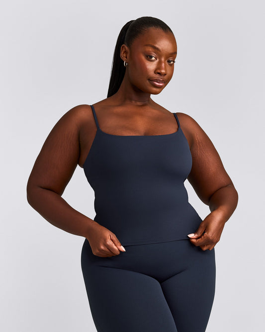 SoftMotion™ Strappy Mid Tank Top with Built in Bra Shelf | True Blue