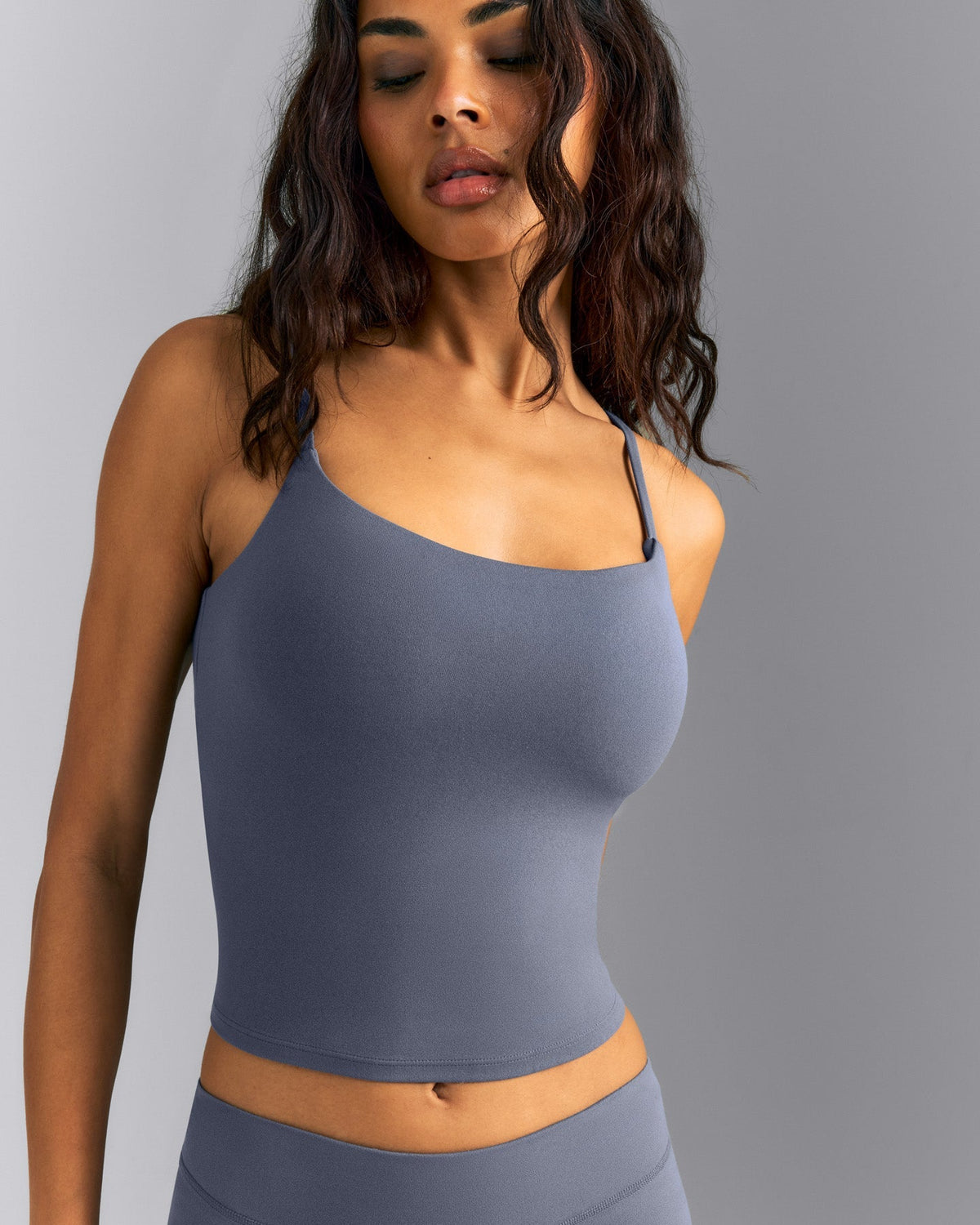SoftMotion™ Strappy Mid Tank Top with Built in Bra Shelf | Granite Blue