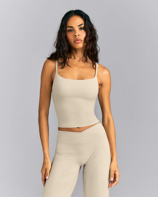 SoftMotion™ Strappy Mid Tank Top with Built in Bra Shelf | Oatmeal