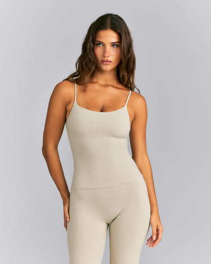 SoftMotion™ Strappy Tank Top with Built in Bra Shelf | Oatmeal