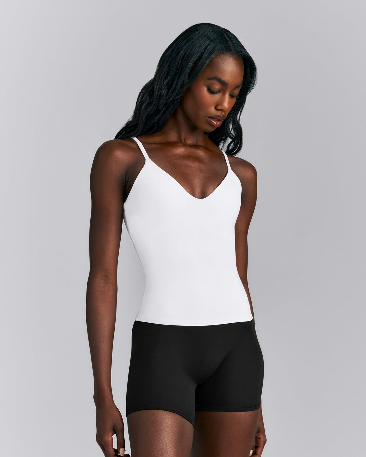SoftMotion™ Adjustable V Neck Tank Top with Built in Bra Shelf | White