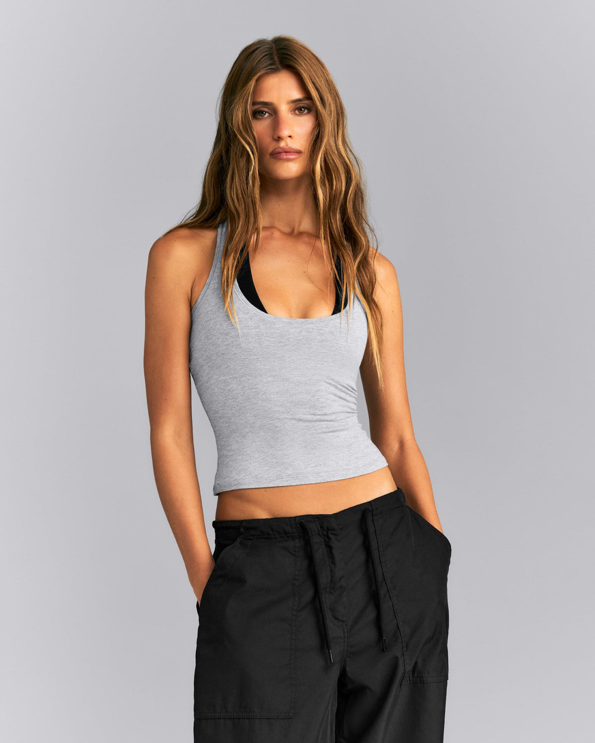 Fitted Cotton Racer Tank | Mid Gray Marl